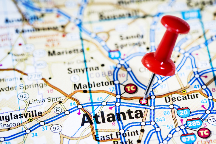 Photo of a map focusing on Atlanta