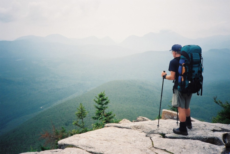 man on-top of an elevated rock looking at mountain range and trees